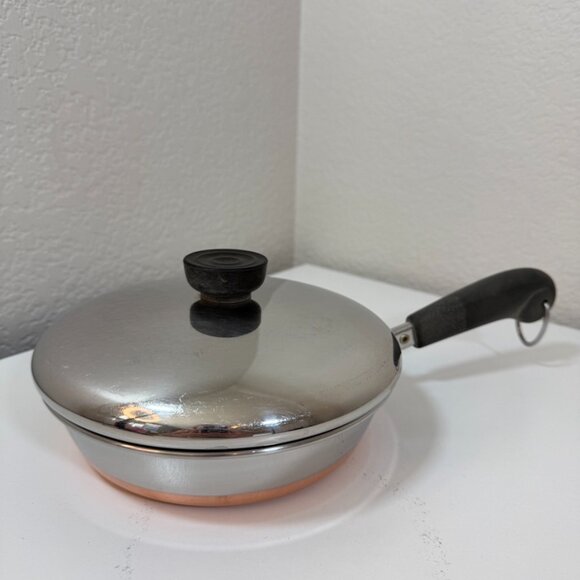 VTG Revere Ware 7 in Skillet Fry Pan SS Copper Bottom 1801 Clinton USA w/ Lid - Picture 6 of 16